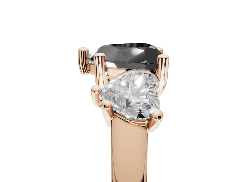 Heart-Shaped Three Stone Engagement Ring Setting for a Black Center | Tapered Band | Rose Gold