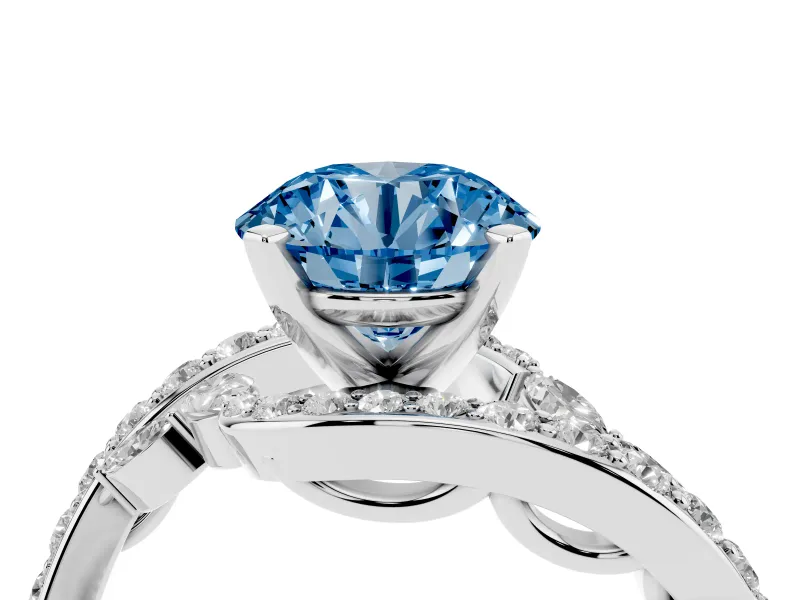 Fancy Blue Round Cut Diamond Solitaire Ring Set in Platinum with Pavé Twist Band and Secure Prong Setting