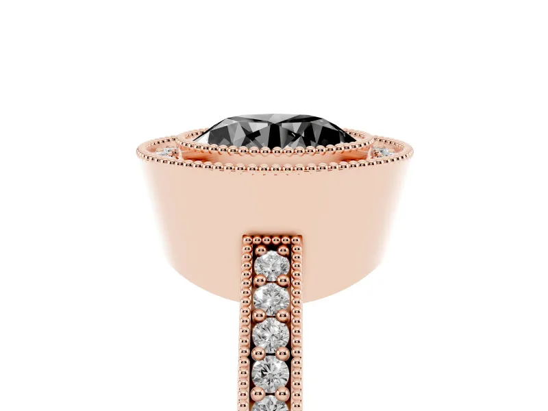 Fancy Black Round Cut Diamond Halo Engagement Ring Set in Rose gold with Pavé Band and Round Halo Stones