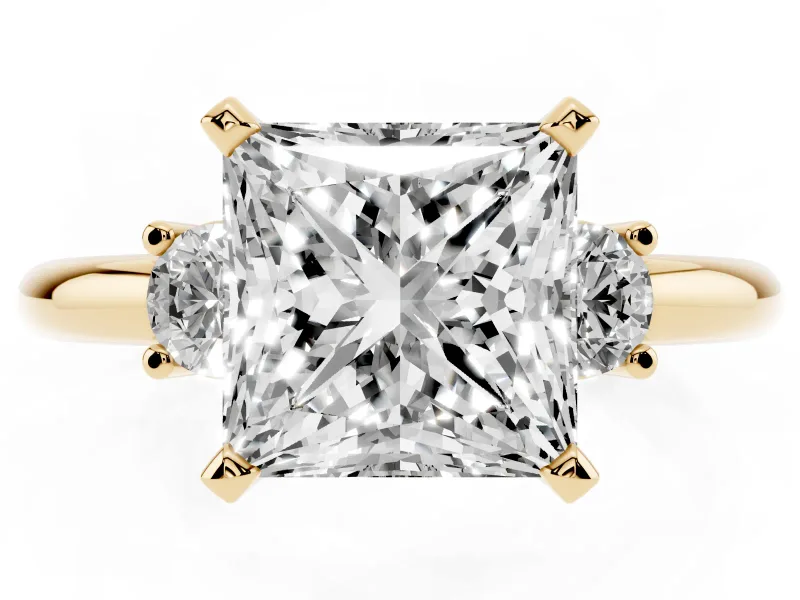 Three-Stone Princess Cut Diamond Ring Set in Yellow gold with Prong Setting and Plain Band