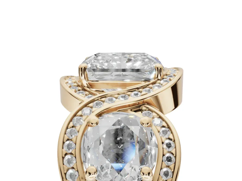 Radiant Cut Three Stone Halo Engagement Ring Setting | Pavé Wave Band | Yellow Gold