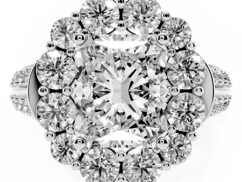 Radiant Cut Diamond Halo Engagement Ring Set in White gold with Split Shank and Prong Setting