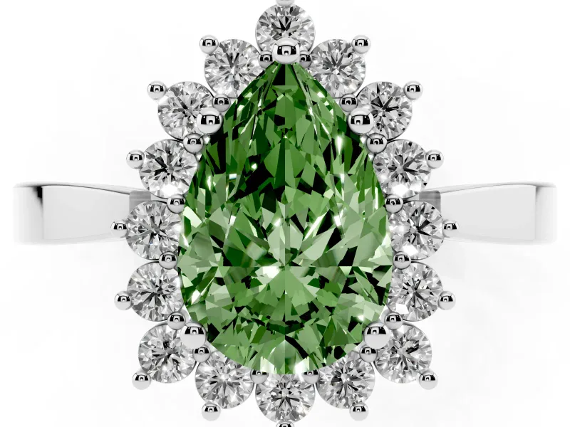 Fancy Green Pear Cut Diamond Halo Ring Set in White gold with Round Halo and Smooth Solitaire Band