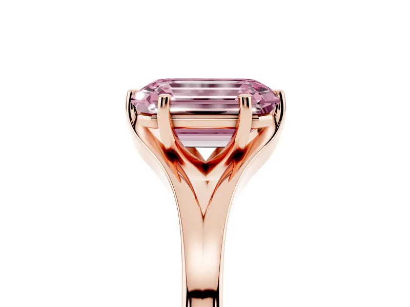 Fancy Pink Emerald Cut Diamond Solitaire Ring Set in Rose gold with Polished Tapered Band and Prong Setting