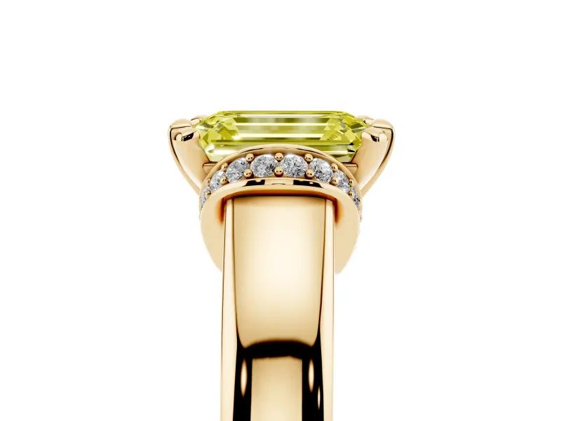 Fancy Yellow Emerald Cut Diamond Pavé Band Solitaire Ring Set in Yellow gold with Prong Setting