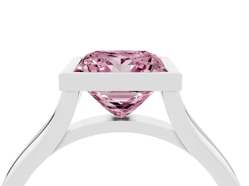 Fancy Pink Bezel Set Princess Cut Diamond Solitaire Ring Set in White gold with Tapered Band