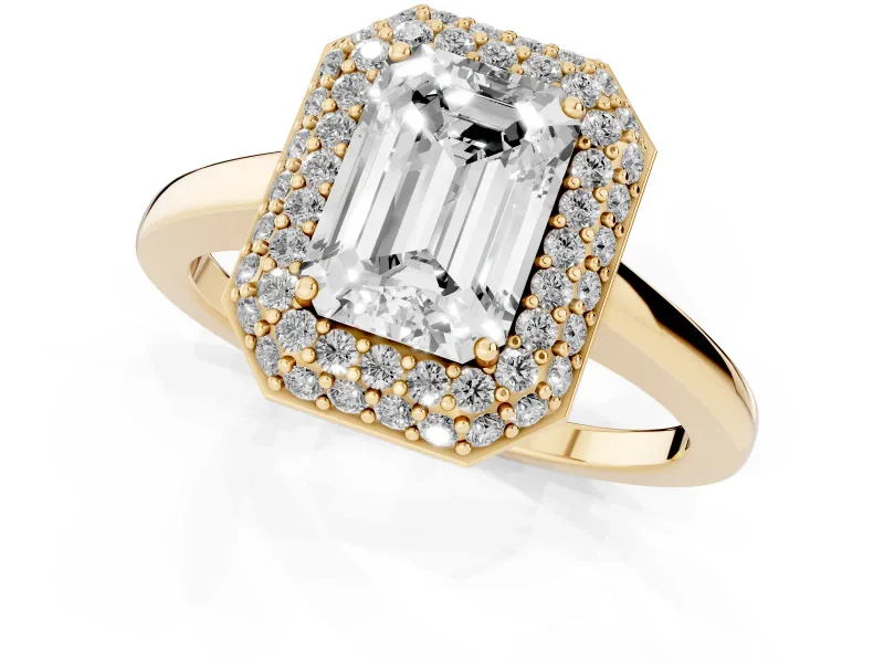 Emerald Cut Diamond Halo Engagement Ring Set in Yellow gold with Solitaire Band and Prong Setting