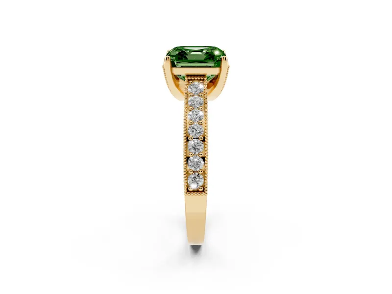 Asscher Cut Hidden Halo Engagement Ring Setting for a Fancy Green Lab-Grown Diamond | Milgrain Pave | Yellow Gold