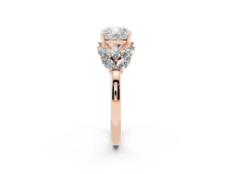 Cushion Cut Diamond Cluster Leaf Design Ring Set in Rose gold with Prong Setting