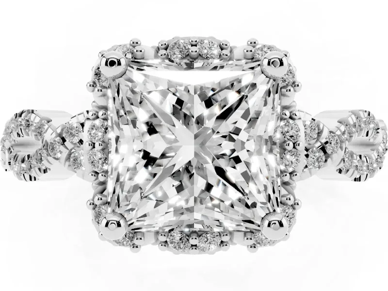 Princess Cut Milgrain Halo Engagement Ring Setting | Graduated Shoulders | Sterling Silver