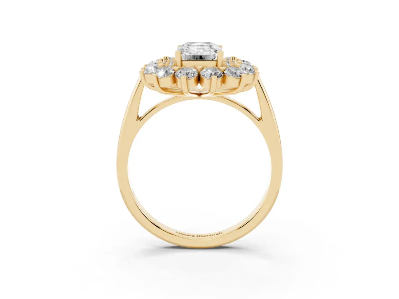 Emerald Cut Floral Double Halo Engagement Ring Setting | Plain Band | Yellow Gold