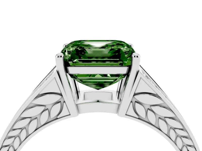 Fancy Green Asscher Cut Diamond Split Shank Ring Set in Silver with Pavé Band and Prong Setting