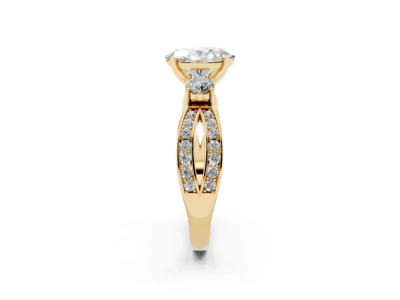Three-Stone Oval Cut Diamond Twist Band Ring Set in Yellow gold with Pavé Accents and Prong Setting