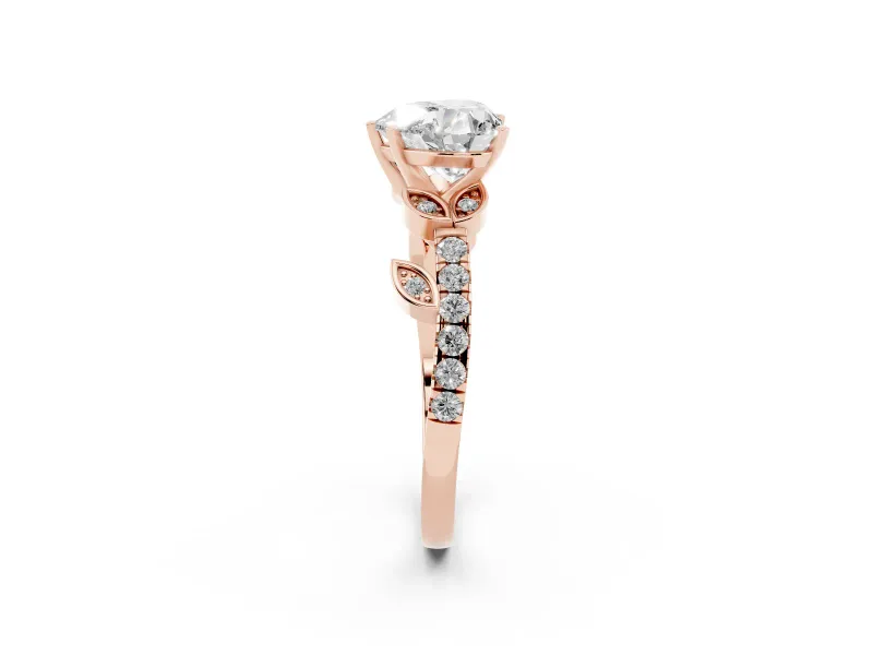 Heart Cut Diamond Solitaire Leaf-Inspired Ring Set in Rose gold with Pavé Band and Prong Setting
