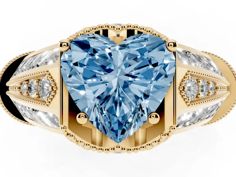 Fancy Blue Heart Cut Diamond Vintage-Inspired Milgrain Ring Set in Yellow gold with Accent Split Shank