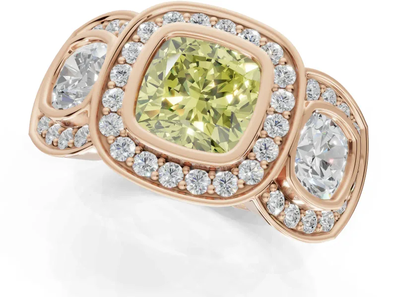 Cushion Cut Three Stone Halo Engagement Ring Setting for a Fancy Yellow Lab-Grown Diamond | Bezel Set | Rose Gold