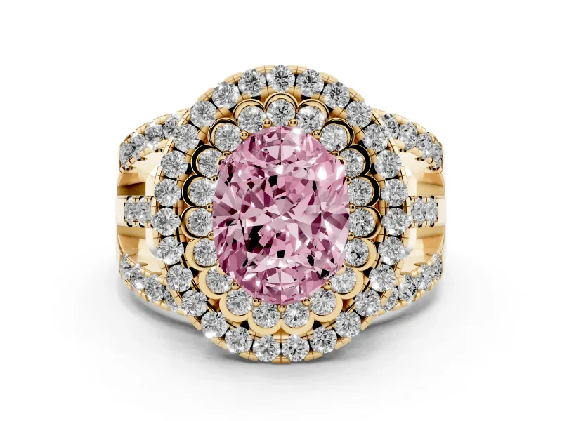 Fancy Pink Oval Cut Diamond Double Halo Ring Set in Yellow gold with Round Pavé Split Shank