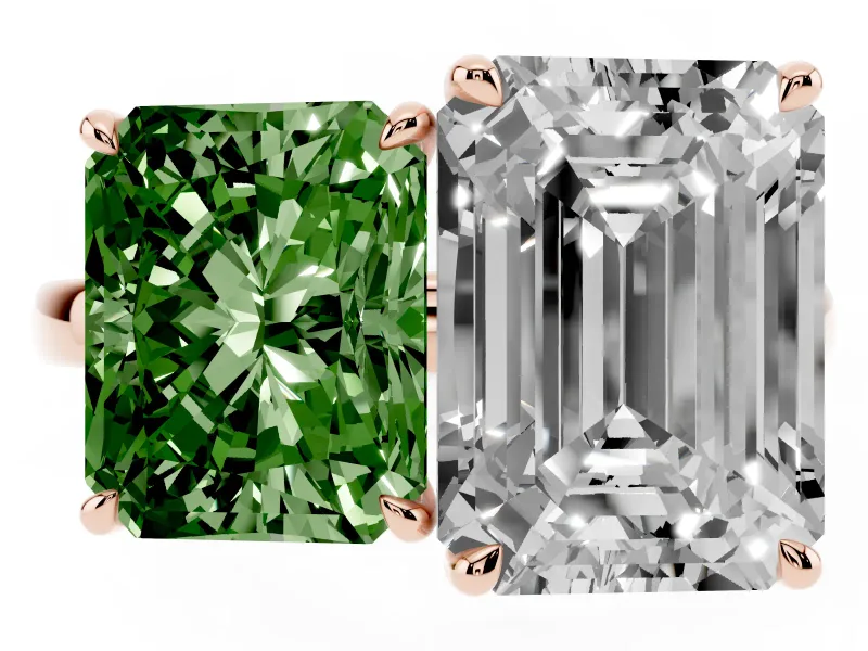 Fancy Green Radiant Cut and Emerald Cut Toi Moi Ring Set in Rose gold with Prong Setting