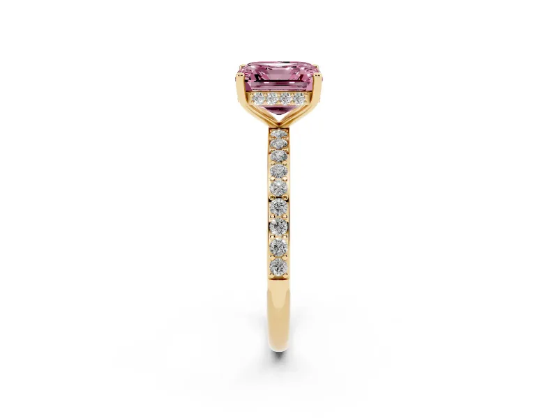 Fancy Pink Asscher Cut Diamond Pavé Band Ring Set in Yellow gold with Prong-Set Center Stone