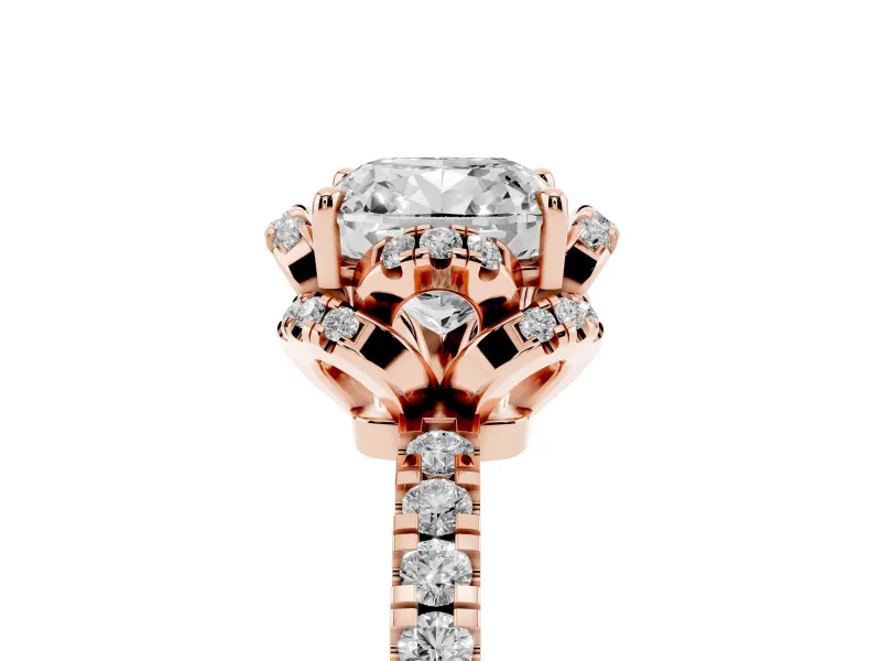 Cushion Cut Diamond Halo Pavé Band Ring Set in Rose gold with Prong-Held Center