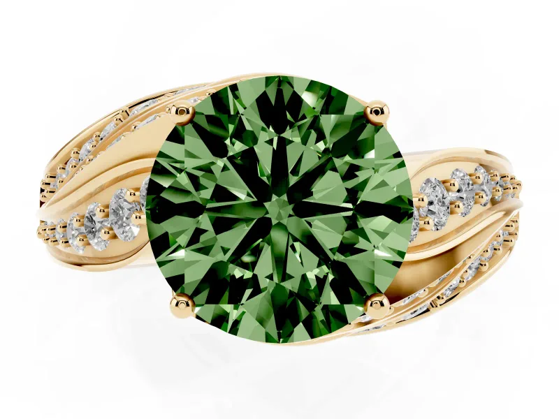 Round Bypass Hidden Halo Engagement Ring Setting for a Fancy Green Lab-Grown Diamond | Graduated Pavé | Yellow Gold