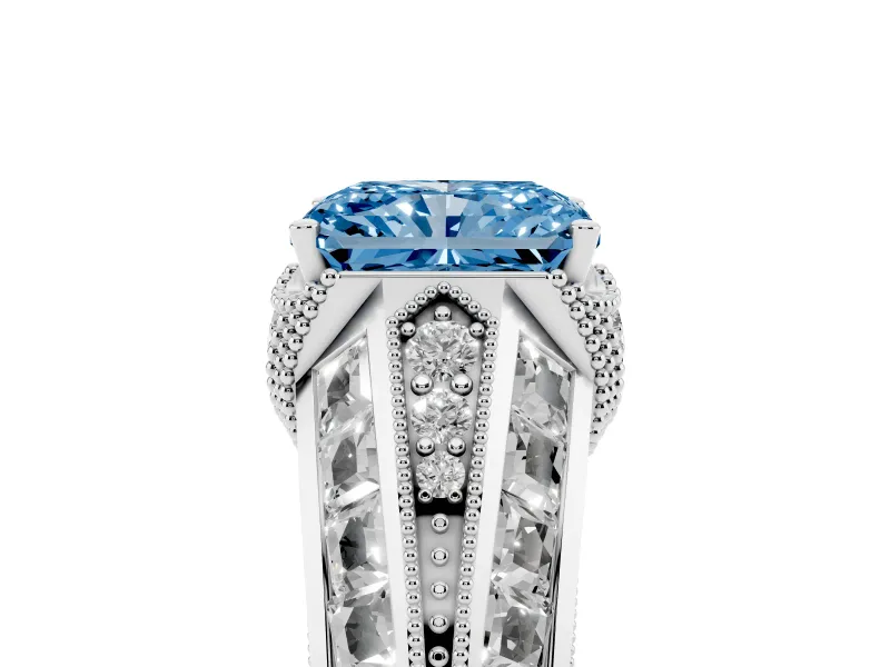 Fancy Blue Radiant Cut Diamond Vintage-Inspired Milgrain Ring Set in Silver with Accent Split Shank
