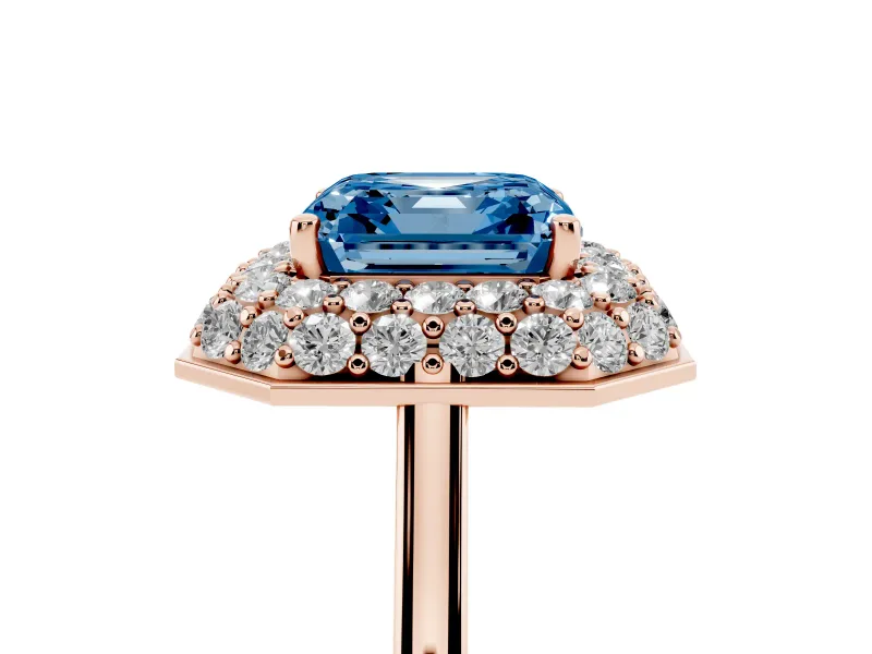 Fancy Blue Asscher Cut Diamond Halo Engagement Ring Set in Rose gold with Solitaire Band and Prong Setting