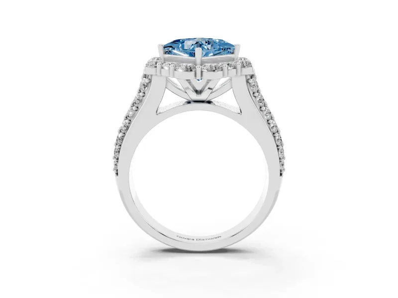 Fancy Blue Princess Cut Diamond Halo Engagement Ring Set in White gold with Split Shank and Prong Setting