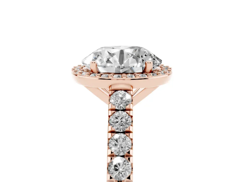 Round Cut Diamond Halo Engagement Ring Set in Rose gold with Pavé Band and Prong Setting