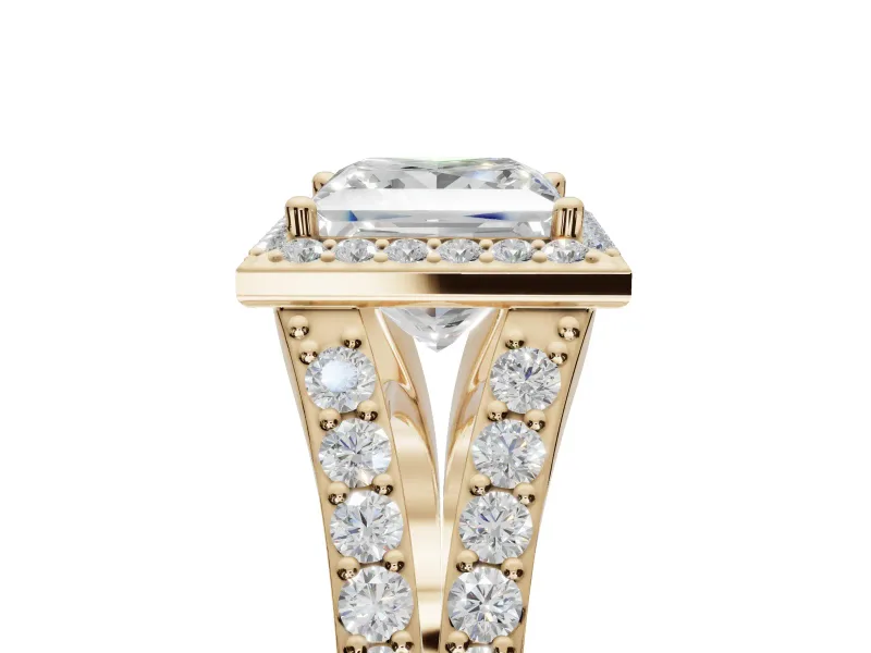 Princess Cut Halo Pavé Engagement Ring Setting | Narrow Split Shank | Yellow Gold
