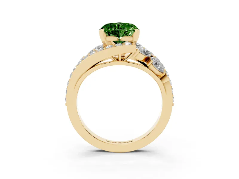 Fancy Green Heart Cut Diamond Halo Ring Set in Yellow gold with Marquise and Pavé Band in Prong Setting