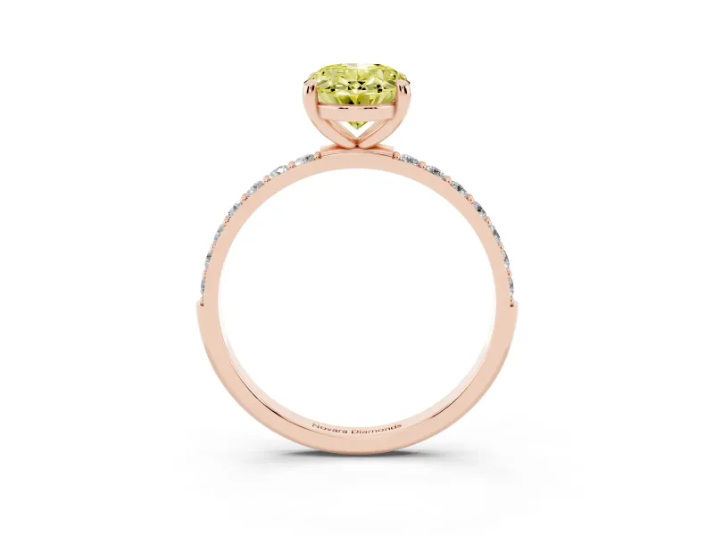 Fancy Yellow Oval Cut Diamond Solitaire Ring Set in Rose gold with Round Pavé Band and Prong Setting