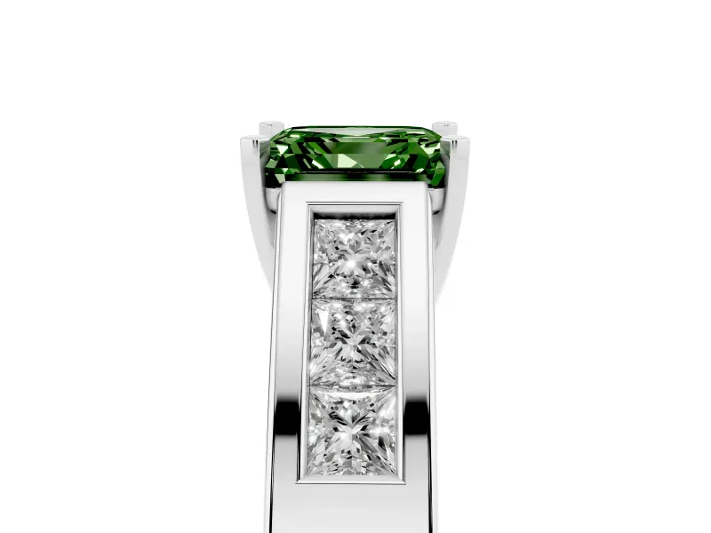Fancy Green Asscher Cut Diamond Solitaire Ring Set in Silver with Channel-Set Accent Stones and Prong Setting