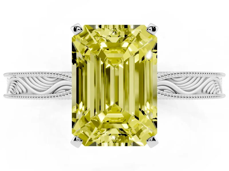 Emerald Cut Engraved Engagement Ring Setting for a Fancy Yellow Lab-Grown Diamond | Platinum