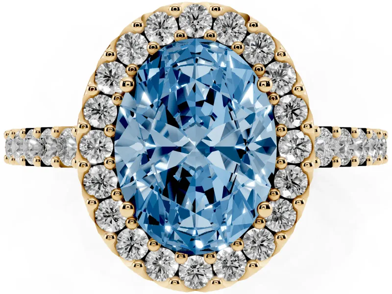Fancy Blue Oval Cut Diamond Halo Pavé Solitaire Ring Set in Yellow gold with Prong-Set Center Stone