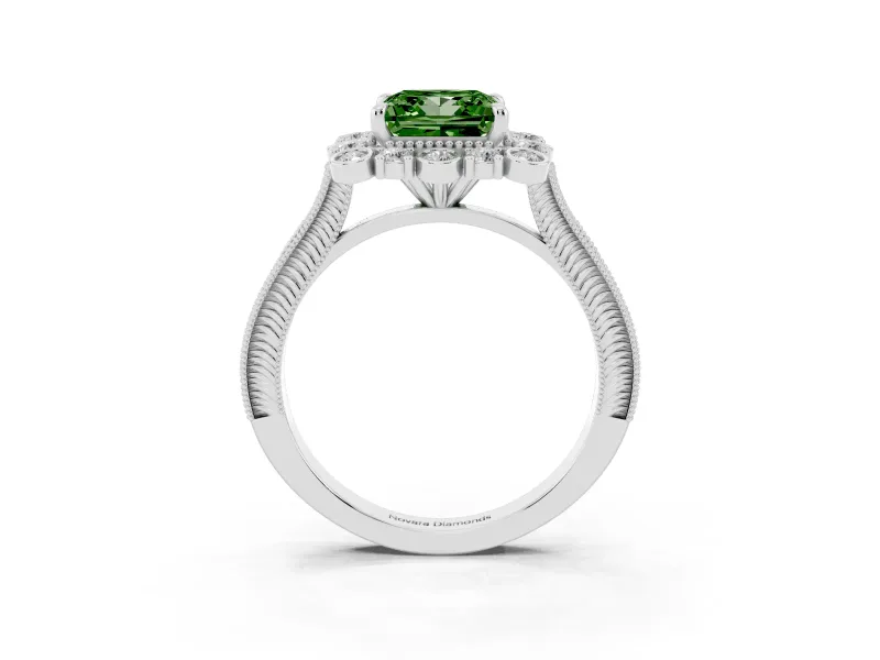 Fancy Green Princess Cut Diamond Halo Milgrain Pavé Ring Set in Silver with Prong Setting