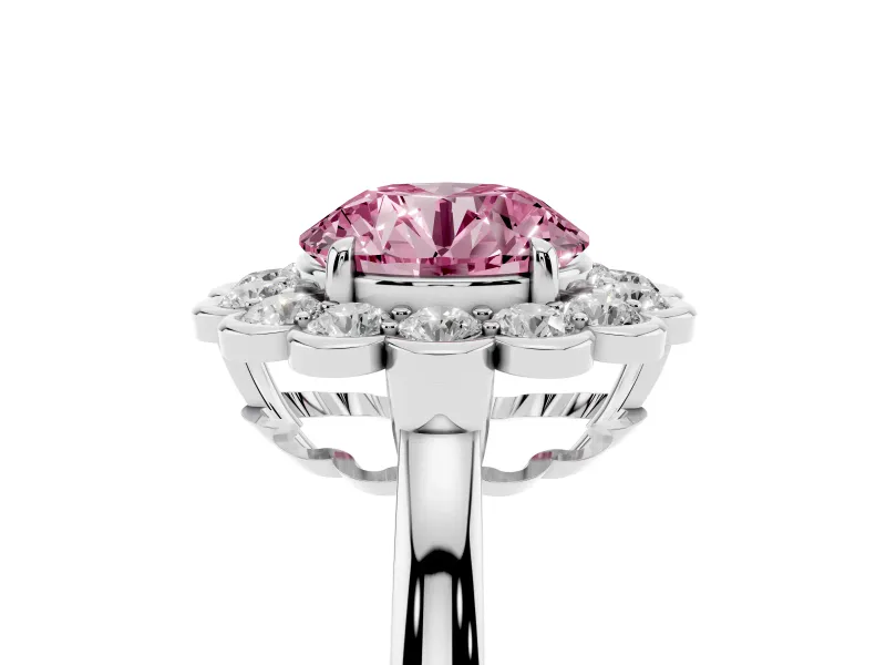 Round Scalloped Cluster Halo Engagement Ring Setting for a Fancy Pink Lab-Grown Diamond | Plain Band | Sterling Silver