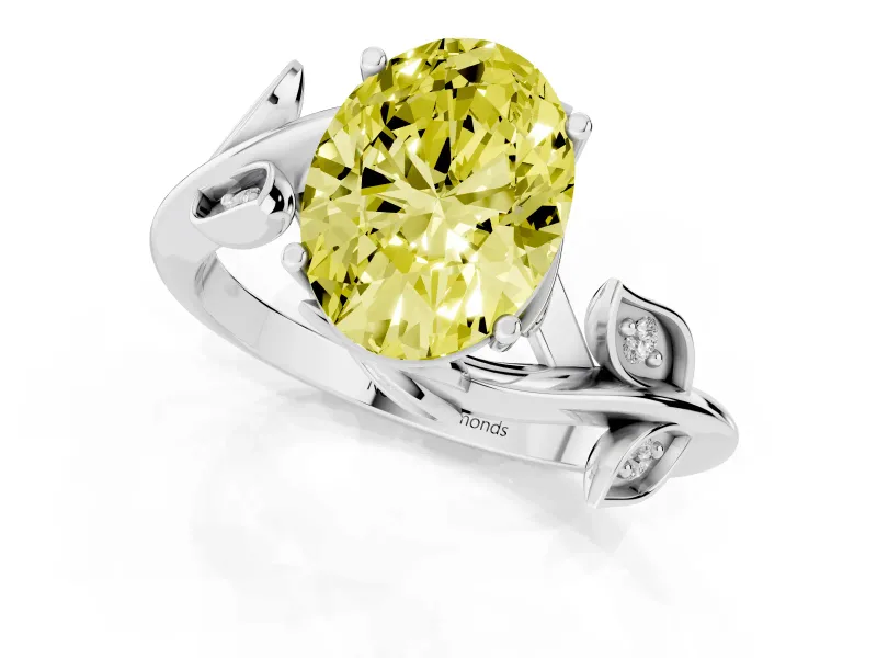 Fancy Yellow Oval Cut Diamond Solitaire Twist Engagement Ring Set in White gold with Pavé Leaf Accents
