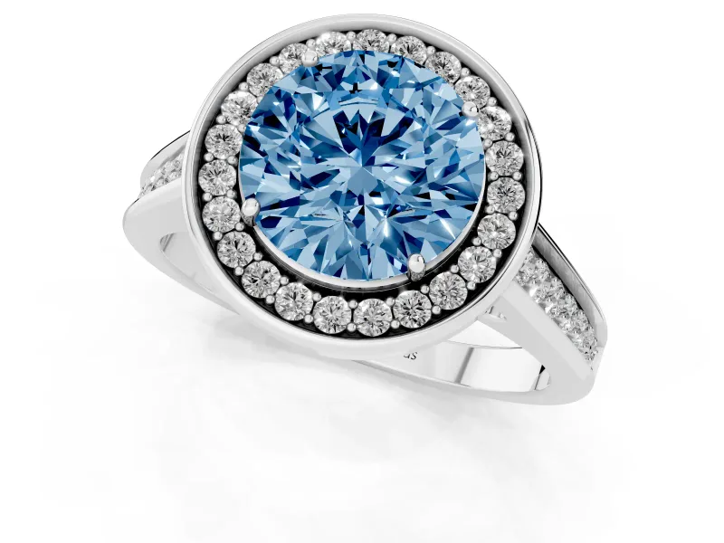 Fancy Blue Round Cut Diamond Halo Solitaire Ring Set in White gold with Pavé Band and Bezel Setting