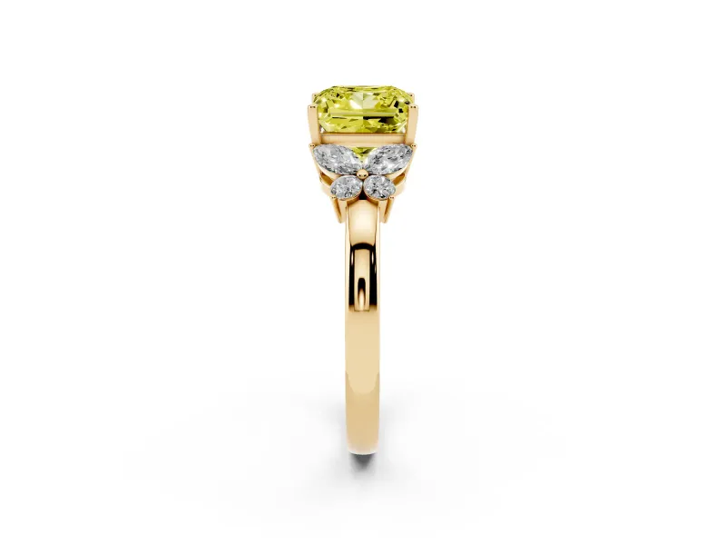 Fancy Yellow Princess Cut Diamond Solitaire Floral Ring Set in Yellow gold with Marquise Petals and Prong Setting