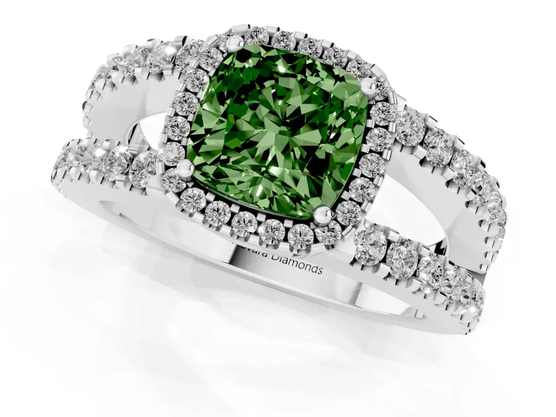 Cushion Cut Halo Engagement Ring Setting for a Fancy Green Lab-Grown Diamond | White Gold