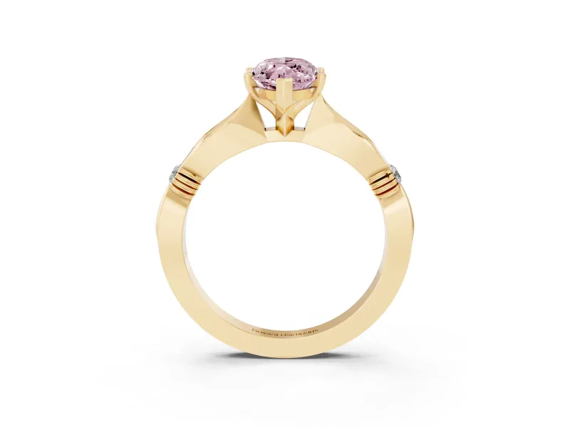 Fancy Pink Marquise Cut Diamond Solitaire Twisted Band Ring Set in Yellow gold with Accent Stones and Prong Setting