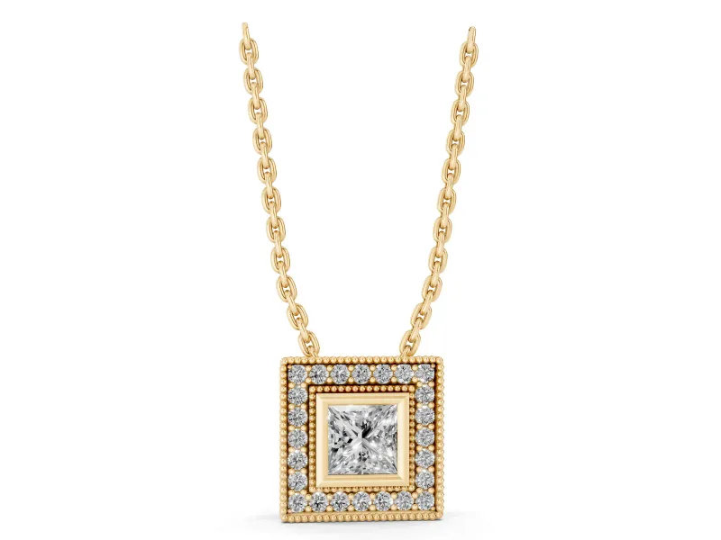 Princess Cut Lab-Grown Diamond Bezel Halo Pendant Necklace | Milgrain Edges | Yellow Gold