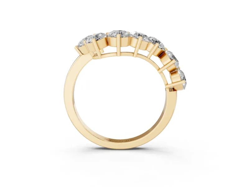 Round Diamond Curved Cluster Band Set in Yellow gold with Split Shank and Prong Setting