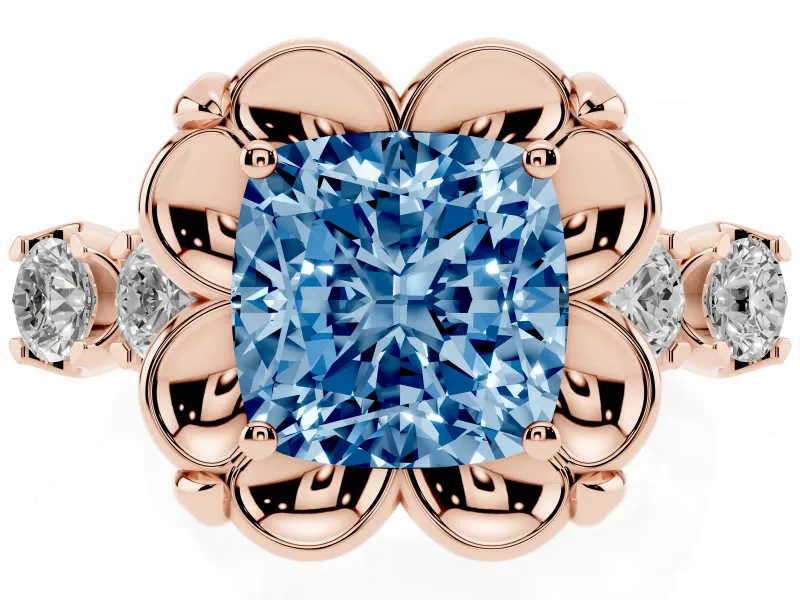 Cushion Cut Floral Engagement Ring Setting for a Fancy Blue Lab-Grown Diamond | Petal Frame and Side Stones | Rose Gold