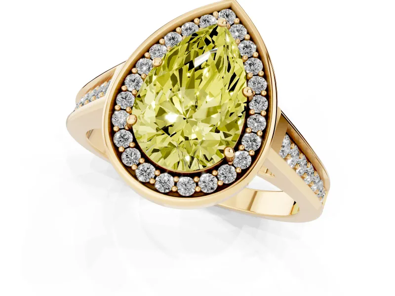 Fancy Yellow Pear Cut Diamond Halo Solitaire Ring Set in Yellow gold with Pavé Band and Bezel Setting