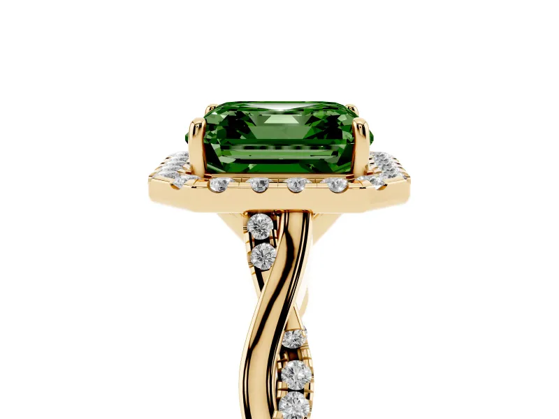 Asscher Cut Twist Halo Engagement Ring Setting for a Fancy Green Lab-Grown Diamond | Yellow Gold