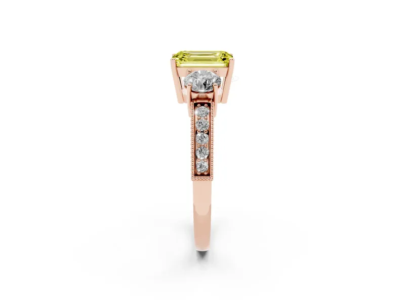 Fancy Yellow Emerald Cut Diamond Three-Stone Ring Set in Rose gold with Round Side Stones and Pavé Band