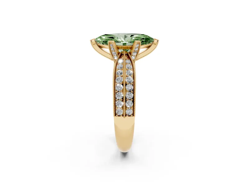 Fancy Green Marquise Cut Diamond Solitaire Ring Set in Yellow gold with Milgrain Double Row Round Pavé Band