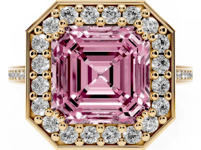 Asscher Cut Halo Engagement Ring Setting for a Fancy Pink Lab-Grown Diamond | Polished Halo Rim | Yellow Gold
